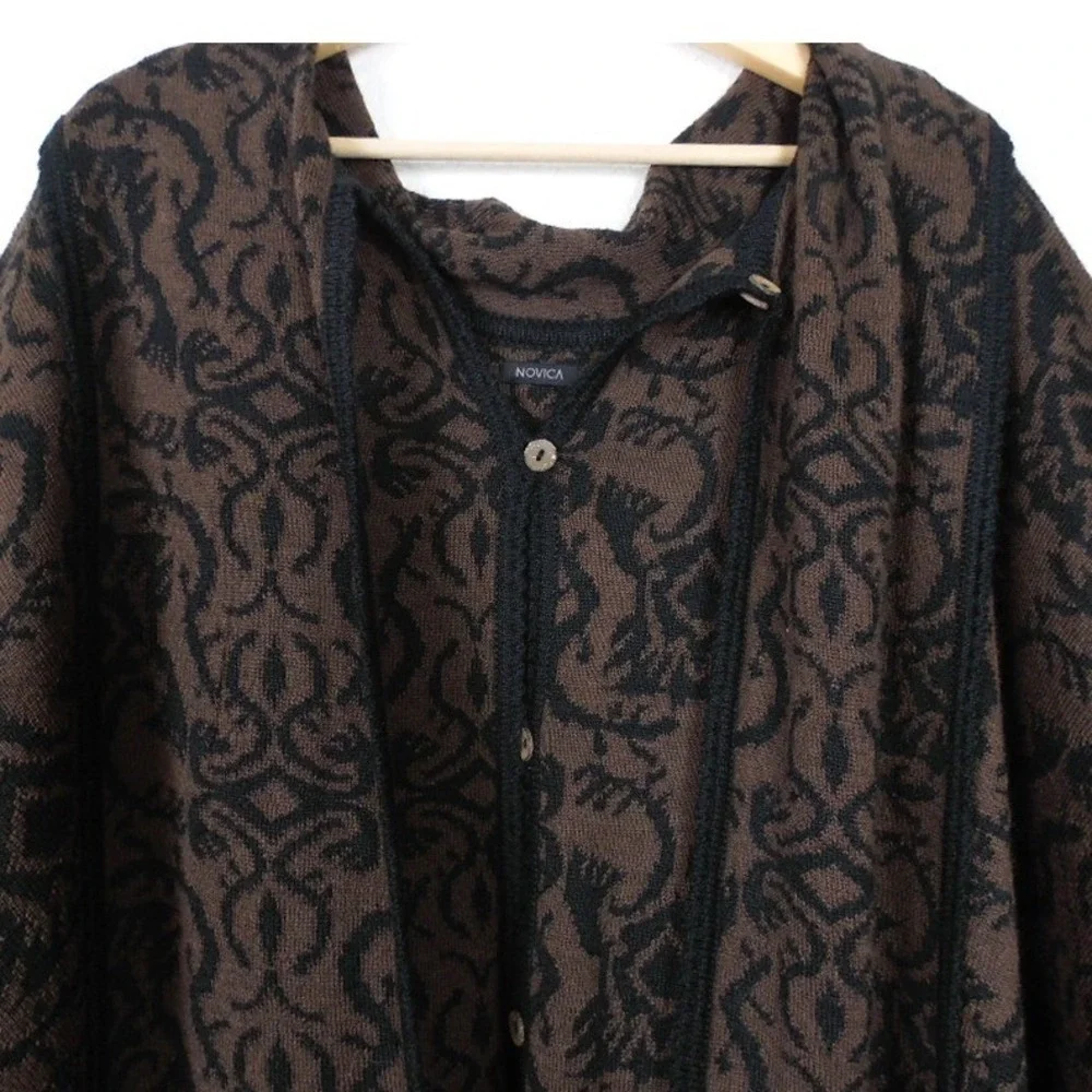 NOVICA Alpaca Ruana Button Front Poncho‎ Cloak Black Brown One Size Layering